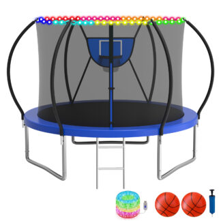 KOFUN Trampoline with Basketball Hoop & Light, 1500lbs 10FT 12FT 14FT 16FT Trampoline for Adults and Kids, No Gap Design Backyard Trampoline with Enclosure Net, Ladder, 2 Balls, Blue