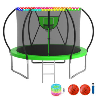 KOFUN Trampoline with Basketball Hoop & Light, 1500lbs 10FT 12FT 14FT 16FT Trampoline for Adults and Kids, No Gap Design Backyard Trampoline with Enclosure Net, Ladder, 2 Balls, Green