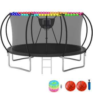 KOFUN Trampoline with Basketball Hoop & Light, 1500lbs 10FT 12FT 14FT 16FT Trampoline for Adults and Kids, No Gap Design Backyard Trampoline with Enclosure Net, Ladder, 2 Balls, Black