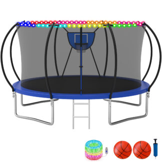 KOFUN Trampoline with Basketball Hoop & Light, 1500lbs 10FT 12FT 14FT 16FT Trampoline for Adults and Kids, No Gap Design Backyard Trampoline with Enclosure Net, Ladder, 2 Balls, Blue
