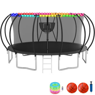 KOFUN Trampoline with Basketball Hoop & Light, 1500lbs 10FT 12FT 14FT 16FT Trampoline for Adults and Kids, No Gap Design Backyard Trampoline with Enclosure Net, Ladder, 2 Balls, Black