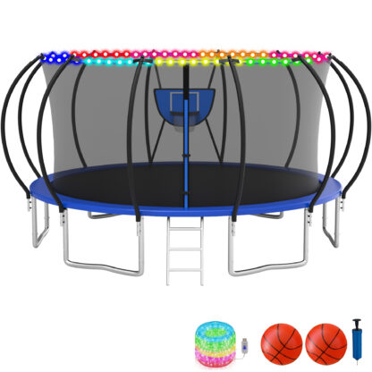 KOFUN Trampoline with Basketball Hoop & Light, 1500lbs 10FT 12FT 14FT 16FT Trampoline for Adults and Kids, No Gap Design Backyard Trampoline with Enclosure Net, Ladder, 2 Balls, Blue