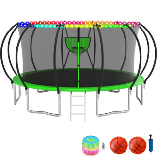 KOFUN Trampoline with Basketball Hoop & Light, 1500lbs 10FT 12FT 14FT 16FT Trampoline for Adults and Kids, No Gap Design Backyard Trampoline with Enclosure Net, Ladder, 2 Balls, Green