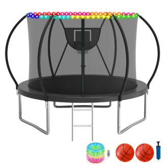 KOFUN Trampoline with Basketball Hoop & Light, 1500lbs 10FT 12FT 14FT 16FT Trampoline for Adults and Kids, No Gap Design Backyard Trampoline with Enclosure Net, Ladder, 2 Balls, Black