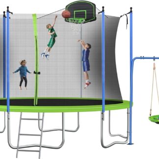KOFUN Trampoline with Slide and Swing, 12FT 14FT Trampoline with Enclosure, Basketball Hoop and Ladder for Adults/ Kids Outdoor Big Recreational Trampolines for Backyard Capacity for 5-8 Kids, Green