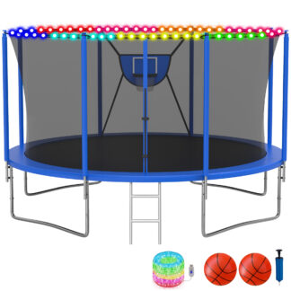 KOFUN Trampoline with Adjustable Basketball Hoop & Light, 1500lbs 10FT 12FT 14FT 16FT Trampoline for Adults and Kids, No Gap Design Backyard Trampoline with Enclosure Net, Ladder, Blue