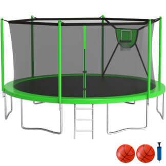KOFUN Trampoline with Adjustable Basketball Hoop, 1500lbs 10FT 12FT 14FT 16FT Trampoline for Adults and Kids, No Gap Design Backyard Trampoline with Enclosure Net, Ladder, Green