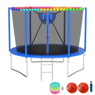 KOFUN Trampoline with Adjustable Basketball Hoop & Light, 1500lbs 10FT 12FT 14FT 16FT Trampoline for Adults and Kids, No Gap Design Backyard Trampoline with Enclosure Net, Ladder, Blue