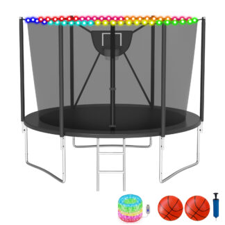 KOFUN Trampoline with Adjustable Basketball Hoop & Light, 1500lbs 10FT 12FT 14FT 16FT Trampoline for Adults and Kids, No Gap Design Backyard Trampoline with Enclosure Net, Ladder, Black