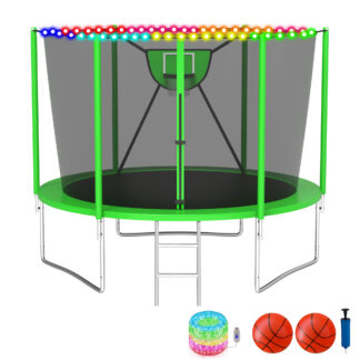 KOFUN Trampoline with Adjustable Basketball Hoop & Light, 1500lbs 10FT 12FT 14FT 16FT Trampoline for Adults and Kids, No Gap Design Backyard Trampoline with Enclosure Net, Ladder, Green