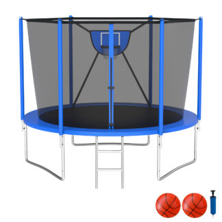 KOFUN Trampoline with Adjustable Basketball Hoop, 1500lbs 10FT 12FT 14FT 16FT Trampoline for Adults and Kids, No Gap Design Backyard Trampoline with Enclosure Net, Ladder, Blue