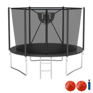 KOFUN Trampoline with Adjustable Basketball Hoop, 1500lbs 10FT 12FT 14FT 16FT Trampoline for Adults and Kids, No Gap Design Backyard Trampoline with Enclosure Net, Ladder, Black