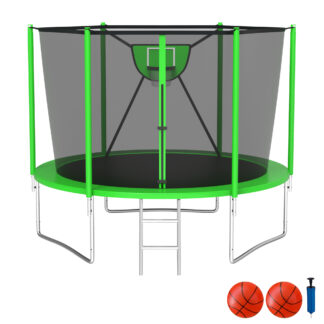KOFUN Trampoline with Adjustable Basketball Hoop, 1500lbs 10FT 12FT 14FT 16FT Trampoline for Adults and Kids, No Gap Design Backyard Trampoline with Enclosure Net, Ladder, Green
