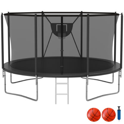 KOFUN Trampoline with Adjustable Basketball Hoop, 1500lbs 10FT 12FT 14FT 16FT Trampoline for Adults and Kids, No Gap Design Backyard Trampoline with Enclosure Net, Ladder, Black