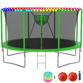 KOFUN Trampoline with Adjustable Basketball Hoop & Light, 1500lbs 10FT 12FT 14FT 16FT Trampoline for Adults and Kids, No Gap Design Backyard Trampoline with Enclosure Net, Ladder, Green