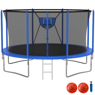 KOFUN Trampoline with Adjustable Basketball Hoop, 1500lbs 10FT 12FT 14FT 16FT Trampoline for Adults and Kids, No Gap Design Backyard Trampoline with Enclosure Net, Ladder, Blue