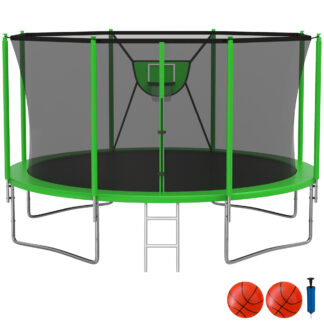 KOFUN Trampoline with Adjustable Basketball Hoop, 1500lbs 10FT 12FT 14FT 16FT Trampoline for Adults and Kids, No Gap Design Backyard Trampoline with Enclosure Net, Ladder, Green