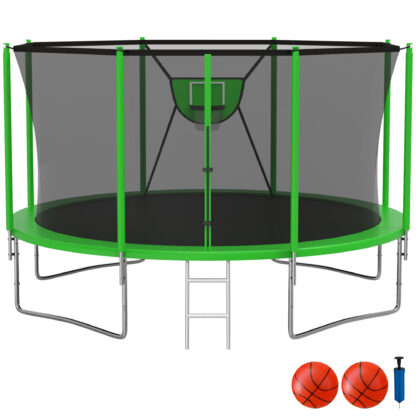 KOFUN Trampoline with Adjustable Basketball Hoop, 1500lbs 10FT 12FT 14FT 16FT Trampoline for Adults and Kids, No Gap Design Backyard Trampoline with Enclosure Net, Ladder, Green