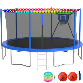 KOFUN Trampoline with Adjustable Basketball Hoop & Light, 1500lbs 10FT 12FT 14FT 16FT Trampoline for Adults and Kids, No Gap Design Backyard Trampoline with Enclosure Net, Ladder, Blue