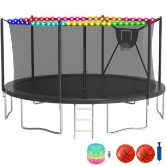 KOFUN Trampoline with Adjustable Basketball Hoop & Light, 1500lbs 10FT 12FT 14FT 16FT Trampoline for Adults and Kids, No Gap Design Backyard Trampoline with Enclosure Net, Ladder, Black