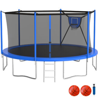 KOFUN Trampoline with Adjustable Basketball Hoop, 1500lbs 10FT 12FT 14FT 16FT Trampoline for Adults and Kids, No Gap Design Backyard Trampoline with Enclosure Net, Ladder, Blue