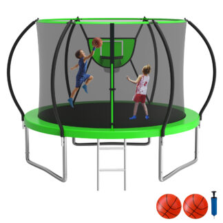 KOFUN Trampoline with Enclosure Net, 16FT 14FT 12FT 10FT Trampoline with Basketball Hoop, Ladder, Heavy Duty Outdoor Backyard Trampolines, Green
