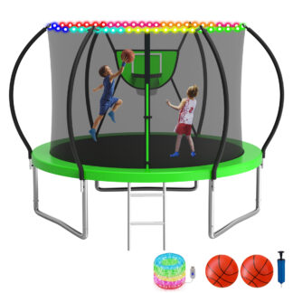 KOFUN Trampoline with Enclosure Net & Light, 16FT 14FT 12FT 10FT Trampoline with Basketball Hoop, Ladder, Heavy Duty Outdoor Backyard Trampolines, Green