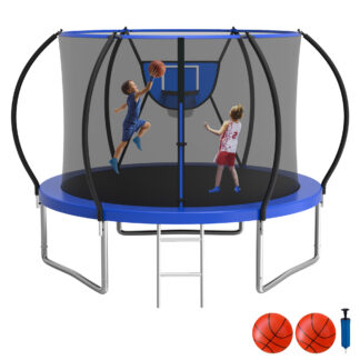 KOFUN Trampoline with Enclosure Net, 16FT 14FT 12FT 10FT Trampoline with Basketball Hoop, Ladder, Heavy Duty Outdoor Backyard Trampolines, Blue