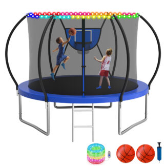 KOFUN Trampoline with Enclosure Net & Light, 16FT 14FT 12FT 10FT Trampoline with Basketball Hoop, Ladder, Heavy Duty Outdoor Backyard Trampolines, Blue