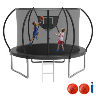 KOFUN Trampoline with Enclosure Net, 16FT 14FT 12FT 10FT Trampoline with Basketball Hoop, Ladder, Heavy Duty Outdoor Backyard Trampolines, Black