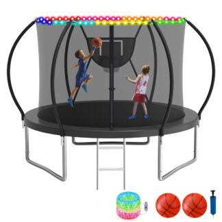 KOFUN Trampoline with Enclosure Net & Light, 16FT 14FT 12FT 10FT Trampoline with Basketball Hoop, Ladder, Heavy Duty Outdoor Backyard Trampolines, Black