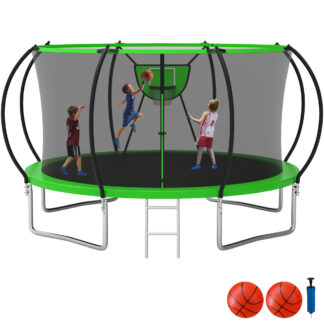 KOFUN Trampoline with Enclosure Net, 16FT 14FT 12FT 10FT Trampoline with Basketball Hoop, Ladder, Heavy Duty Outdoor Backyard Trampolines, Green