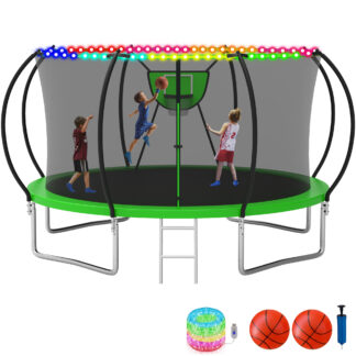 KOFUN Trampoline with Enclosure Net & Light, 16FT 14FT 12FT 10FT Trampoline with Basketball Hoop, Ladder, Heavy Duty Outdoor Backyard Trampolines, Green