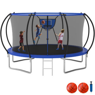 KOFUN Trampoline with Enclosure Net, 16FT 14FT 12FT 10FT Trampoline with Basketball Hoop, Ladder, Heavy Duty Outdoor Backyard Trampolines, Blue