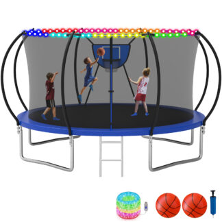 KOFUN Trampoline with Enclosure Net & Light, 16FT 14FT 12FT 10FT Trampoline with Basketball Hoop, Ladder, Heavy Duty Outdoor Backyard Trampolines, Blue