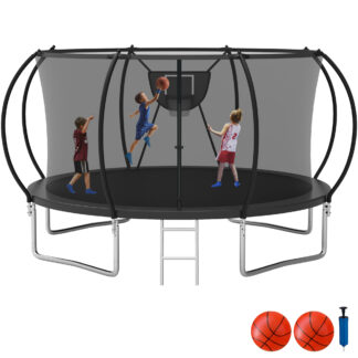 KOFUN Trampoline with Enclosure Net, 16FT 14FT 12FT 10FT Trampoline with Basketball Hoop, Ladder, Heavy Duty Outdoor Backyard Trampolines, Black