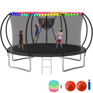 KOFUN Trampoline with Enclosure Net & Light, 16FT 14FT 12FT 10FT Trampoline with Basketball Hoop, Ladder, Heavy Duty Outdoor Backyard Trampolines, Black