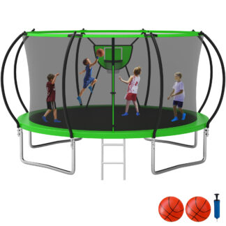 KOFUN Trampoline with Enclosure Net, 16FT 14FT 12FT 10FT Trampoline with Basketball Hoop, Ladder, Heavy Duty Outdoor Backyard Trampolines, Green