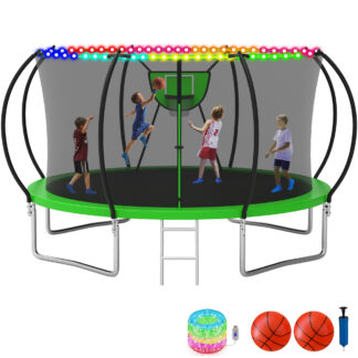 KOFUN Trampoline with Enclosure Net & Light, 16FT 14FT 12FT 10FT Trampoline with Basketball Hoop, Ladder, Heavy Duty Outdoor Backyard Trampolines, Blue