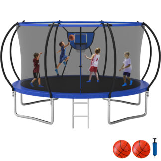 KOFUN Trampoline with Enclosure Net, 16FT 14FT 12FT 10FT Trampoline with Basketball Hoop, Ladder, Heavy Duty Outdoor Backyard Trampolines, Blue