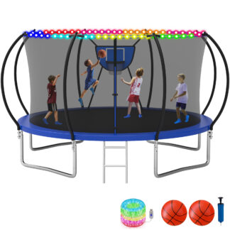KOFUN Trampoline with Enclosure Net & Light, 16FT 14FT 12FT 10FT Trampoline with Basketball Hoop, Ladder, Heavy Duty Outdoor Backyard Trampolines, Blue
