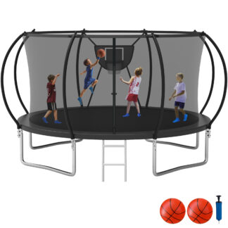 KOFUN Trampoline with Enclosure Net, 16FT 14FT 12FT 10FT Trampoline with Basketball Hoop, Ladder, Heavy Duty Outdoor Backyard Trampolines, Black