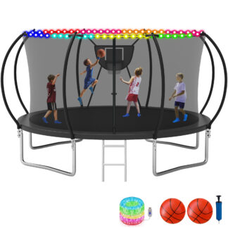 KOFUN Trampoline with Enclosure Net & Light, 16FT 14FT 12FT 10FT Trampoline with Basketball Hoop, Ladder, Heavy Duty Outdoor Backyard Trampolines, Black