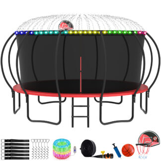 KOFUN Trampoline with Basketball Hoop, Enclosure, Light, Sprinkler, Anchors Kit, Ladder, 8FT 10FT 12FT 14FT 15FT 16FT Heavy Duty Backyard Trampoline for Kids and Adults, Red