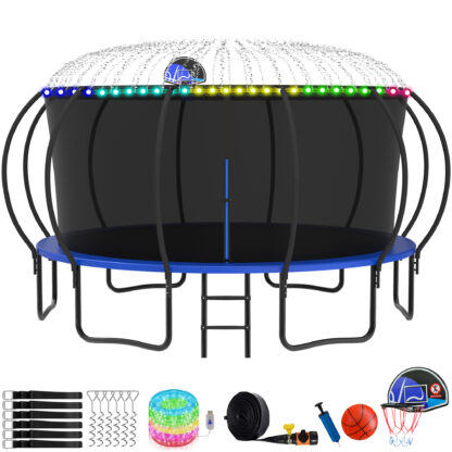 KOFUN Trampoline with Basketball Hoop, Enclosure, Light, Sprinkler, Anchors Kit, Ladder, 8FT 10FT 12FT 14FT 15FT 16FT Heavy Duty Backyard Trampoline for Kids and Adults, Blue