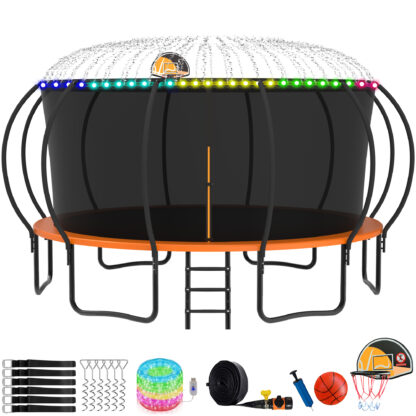 KOFUN Trampoline with Basketball Hoop, Enclosure, Light, Sprinkler, Anchors Kit, Ladder, 8FT 10FT 12FT 14FT 15FT 16FT Heavy Duty Backyard Trampoline for Kids and Adults, Orange