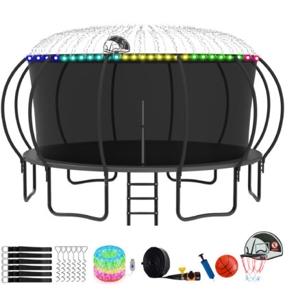 KOFUN Trampoline with Basketball Hoop, Enclosure, Light, Sprinkler, Anchors Kit, Ladder, 8FT 10FT 12FT 14FT 15FT 16FT Heavy Duty Backyard Trampoline for Kids and Adults, Gray