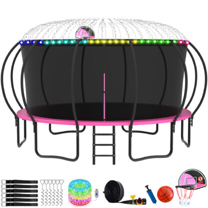 KOFUN Trampoline with Basketball Hoop, Enclosure, Light, Sprinkler, Anchors Kit, Ladder, 8FT 10FT 12FT 14FT 15FT 16FT Heavy Duty Backyard Trampoline for Kids and Adults, Pink