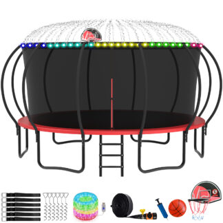 KOFUN Trampoline with Basketball Hoop, Enclosure, Light, Sprinkler, Anchors Kit, Ladder, 8FT 10FT 12FT 14FT 15FT 16FT Heavy Duty Backyard Trampoline for Kids and Adults, Red