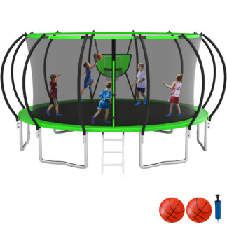 KOFUN Trampoline with Enclosure Net, 16FT 14FT 12FT 10FT Trampoline with Basketball Hoop, Ladder, Heavy Duty Outdoor Backyard Trampolines, Green